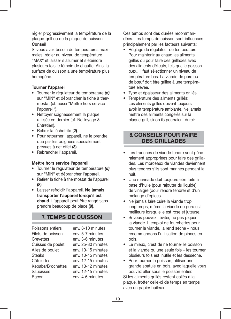 Temps de cuisson, Conseils pour faire des grillades | Fagor BBC-842N User Manual | Page 21 / 70