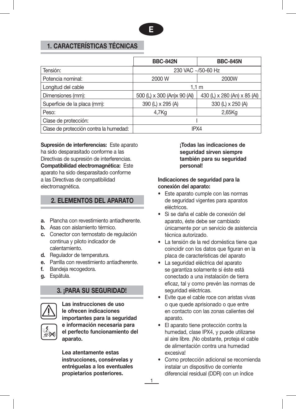 Características técnicas 2. elementos del aparato, ¡para su seguridad | Fagor BBC-842N User Manual | Page 3 / 70