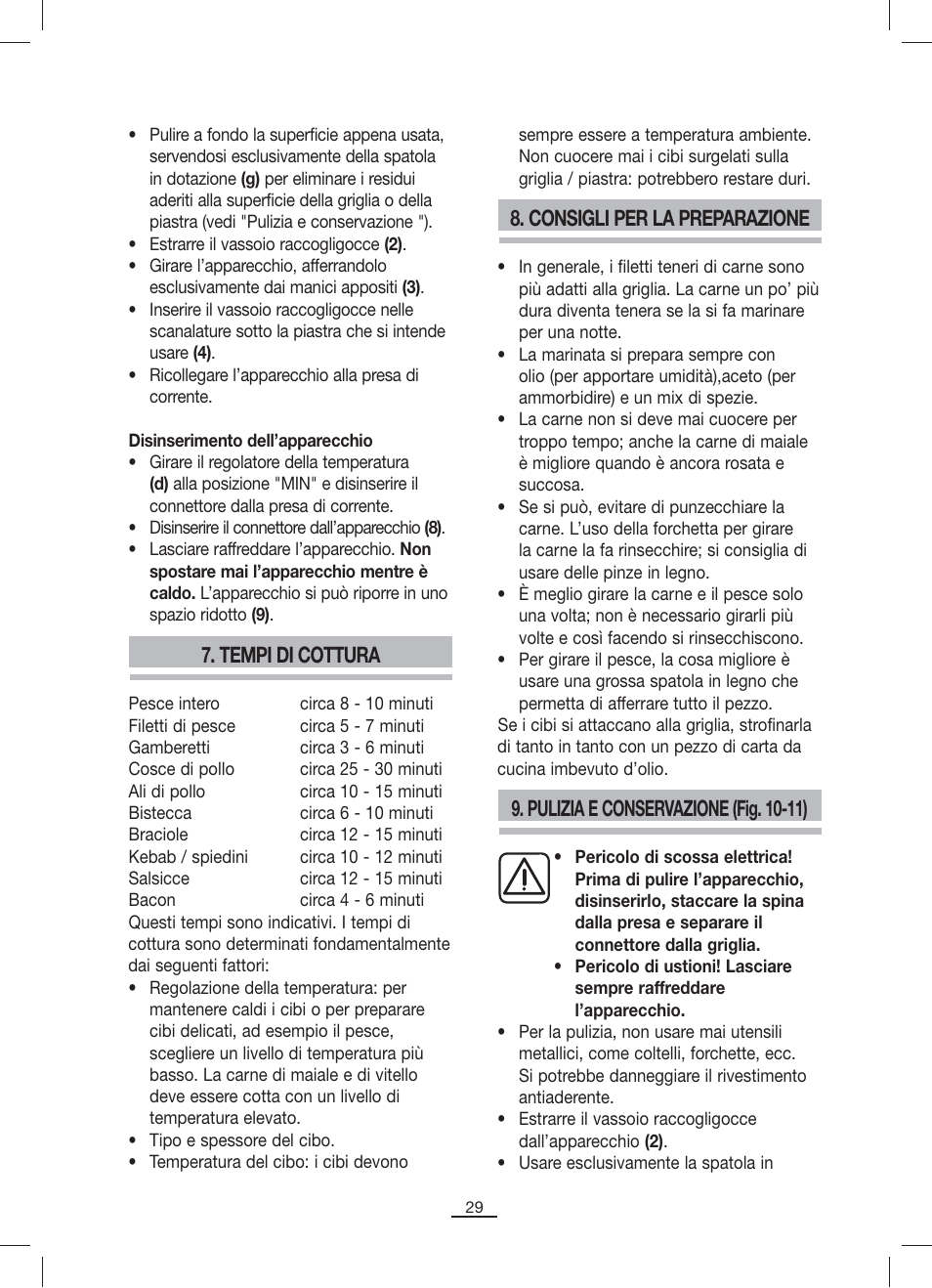 Tempi di cottura, Consigli per la preparazione, Pulizia e conservazione (fig. 10-11) | Fagor BBC-842N User Manual | Page 31 / 70