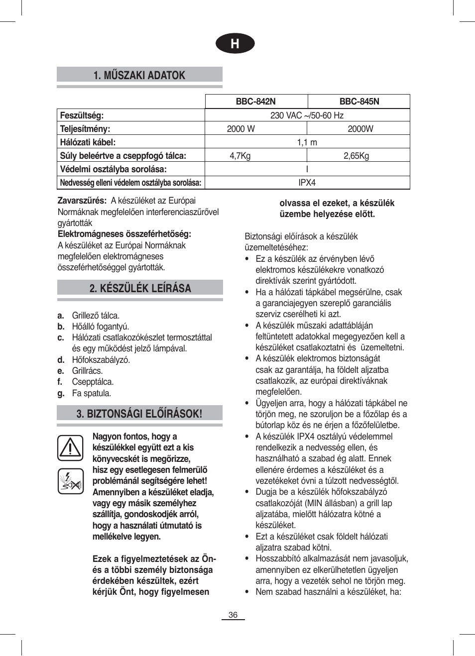 Műszaki adatok 2. készülék leírása, Biztonsági előírások | Fagor BBC-842N User Manual | Page 38 / 70