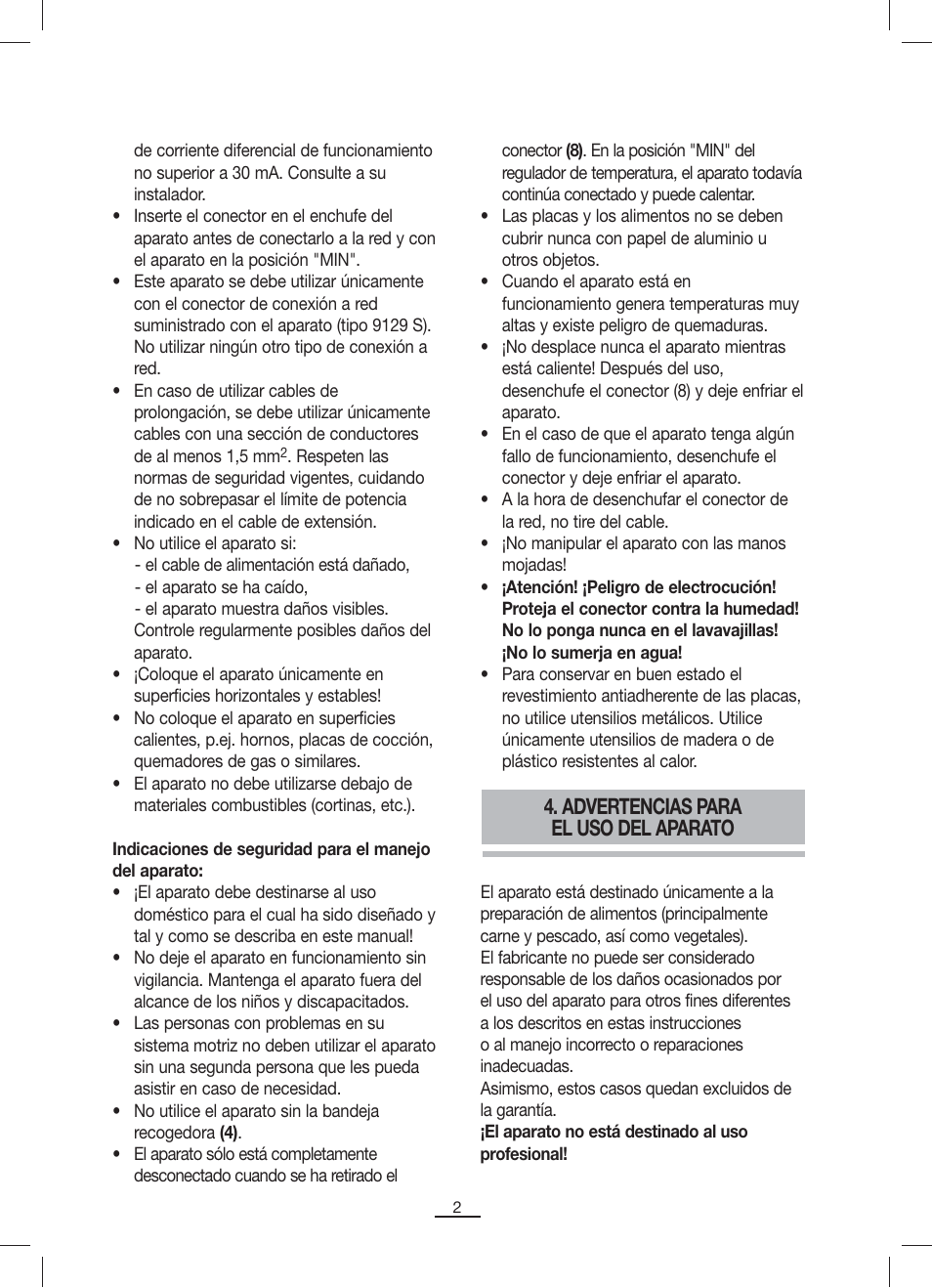 Advertencias para el uso del aparato | Fagor BBC-842N User Manual | Page 4 / 70