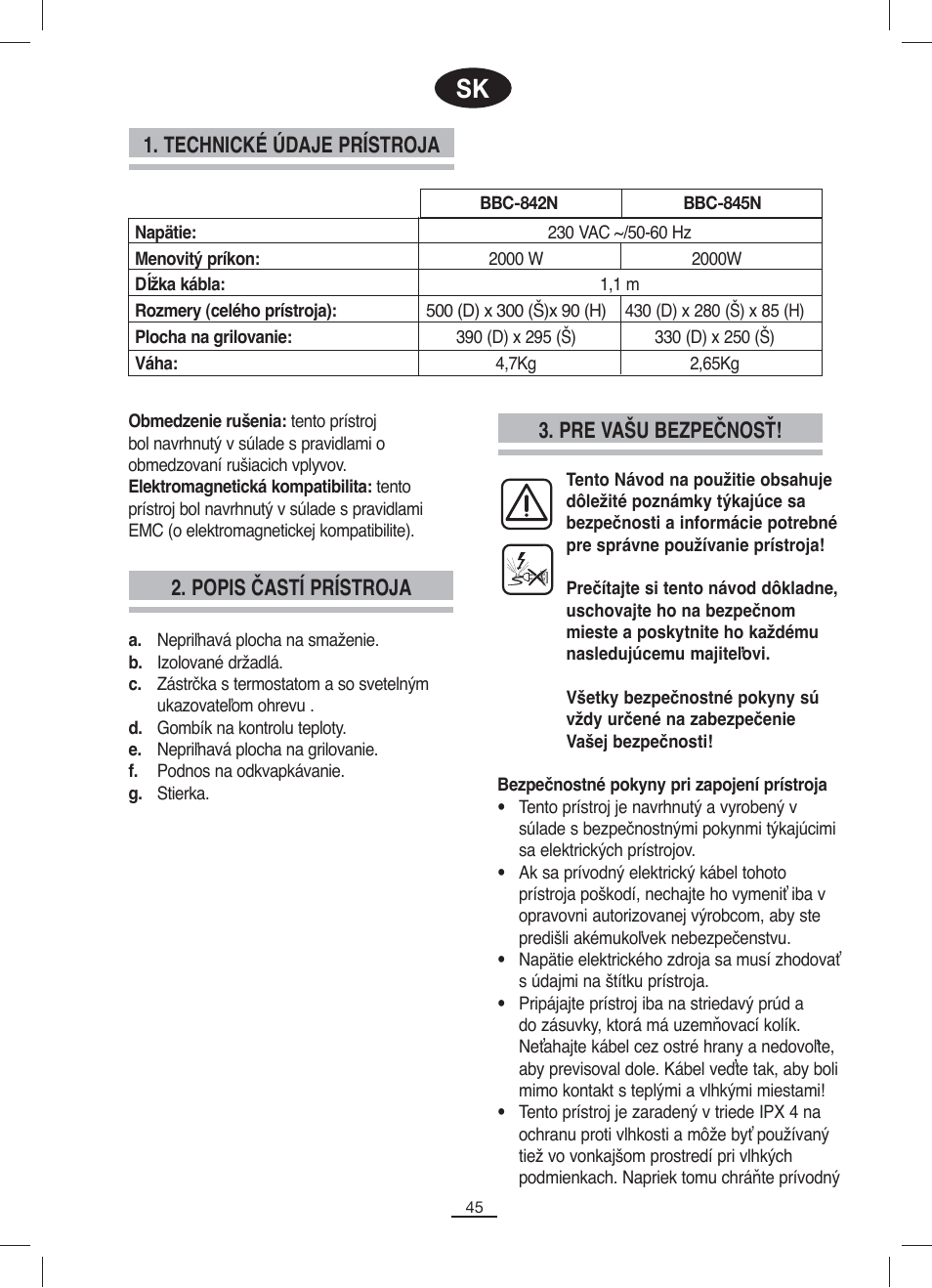 Technické údaje prístroja 2. popis častí prístroja, Pre vašu bezpečnosť | Fagor BBC-842N User Manual | Page 47 / 70
