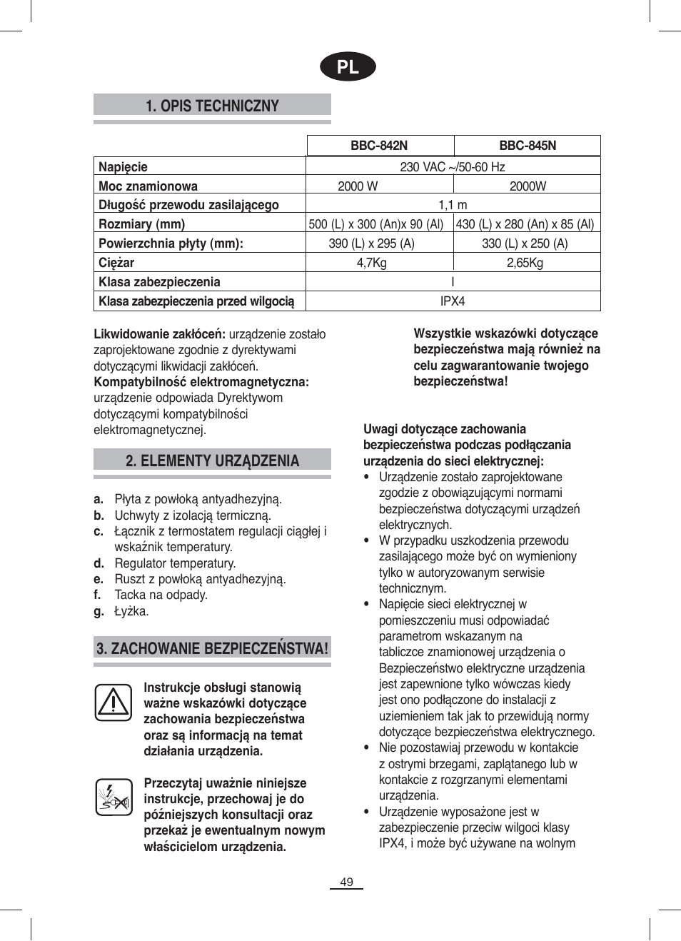 Opis techniczny 2. elementy urządzenia, Zachowanie bezpieczeństwa | Fagor BBC-842N User Manual | Page 51 / 70