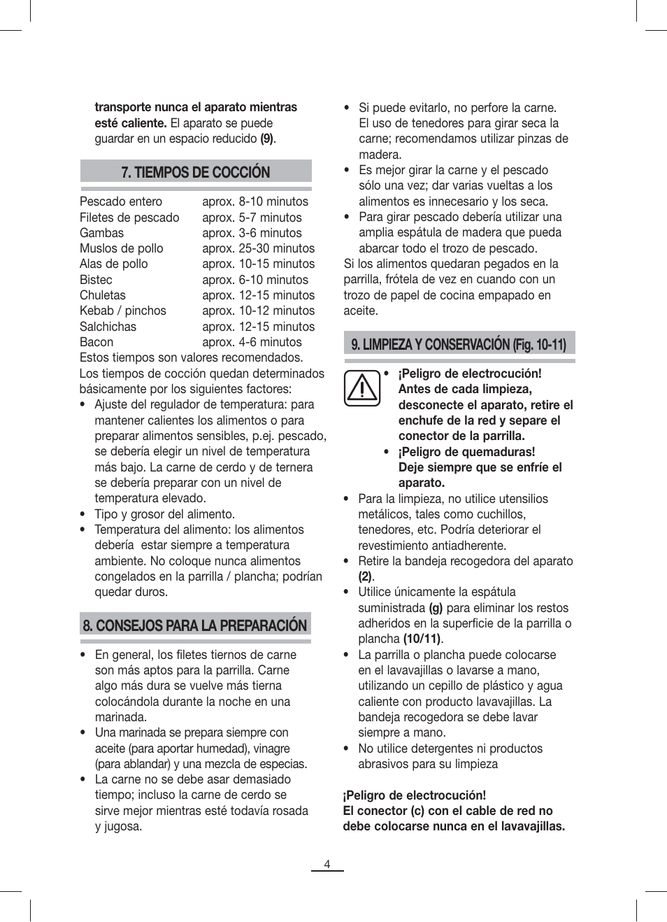 Limpieza y conservación (fig. 10-11), Tiempos de cocción, Consejos para la preparación | Fagor BBC-842N User Manual | Page 6 / 70