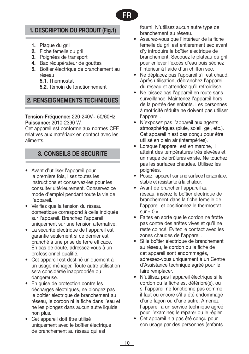 Description du produit (fig.1), Renseignements techniques, Conseils de securite | Fagor BBC-2200 User Manual | Page 11 / 40