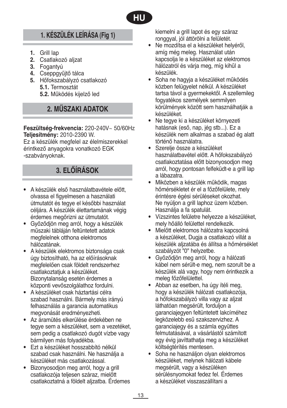 Készülék leírása (fig 1), Műszaki adatok 3. előírások | Fagor BBC-2200 User Manual | Page 14 / 40