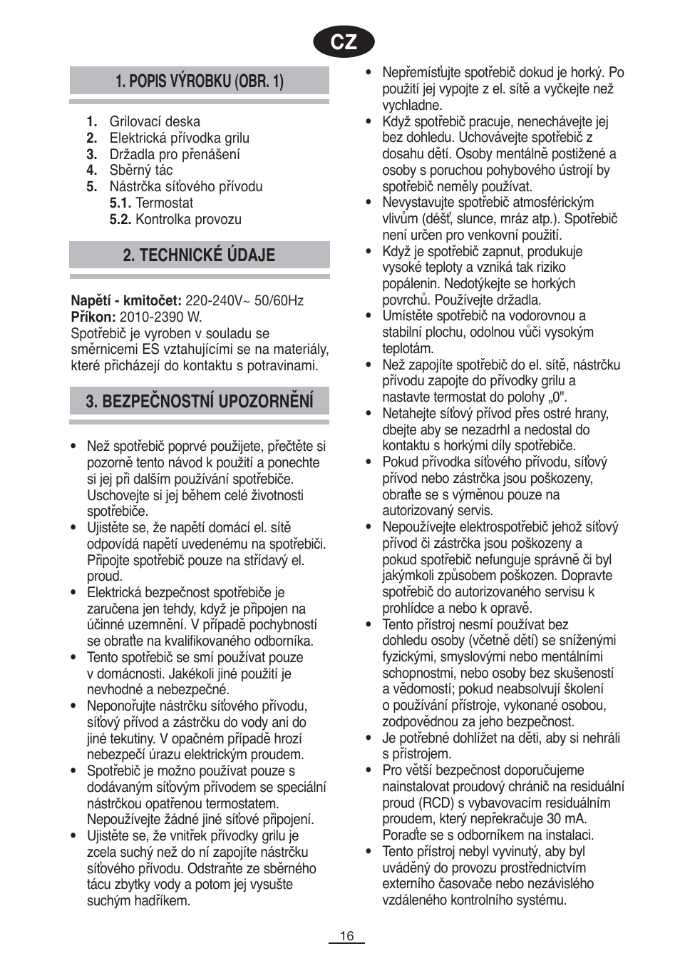 Popis výrobku (obr. 1) 3. bezpečnostní upozornění, Technické údaje | Fagor BBC-2200 User Manual | Page 17 / 40