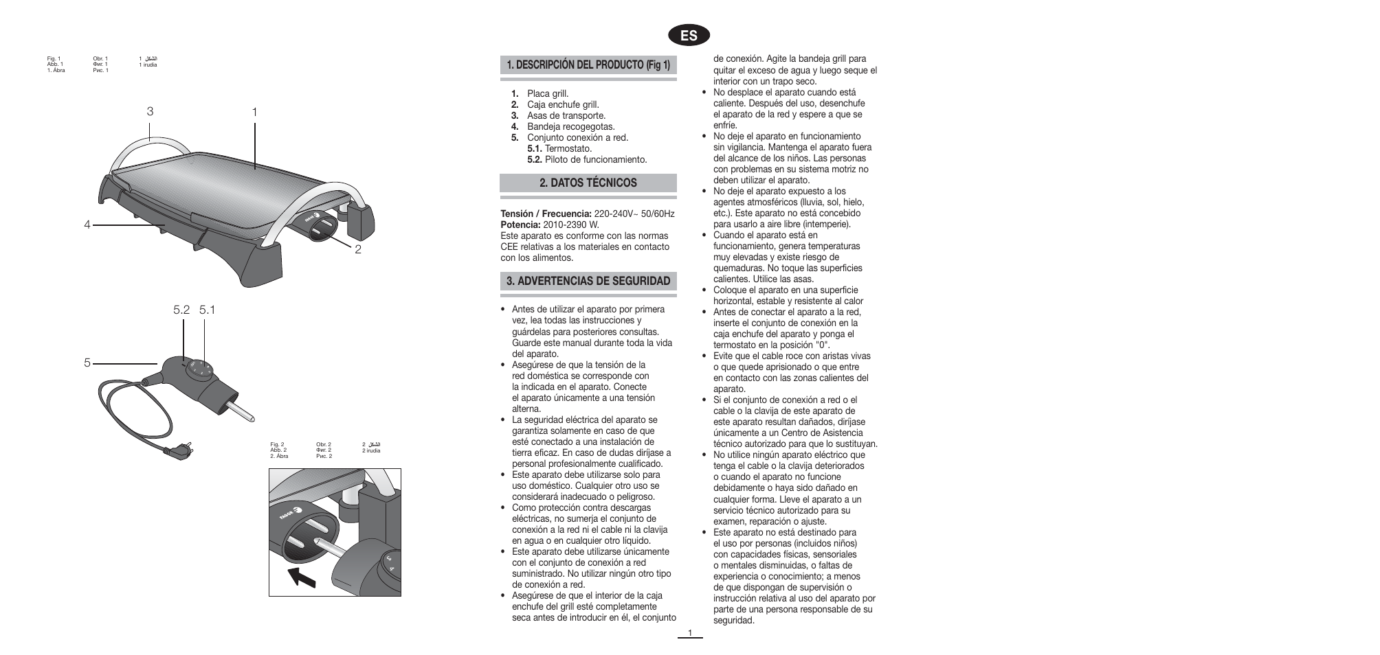 Descripción del producto (fig 1), Advertencias de seguridad 2. datos técnicos | Fagor BBC-2200 User Manual | Page 2 / 40