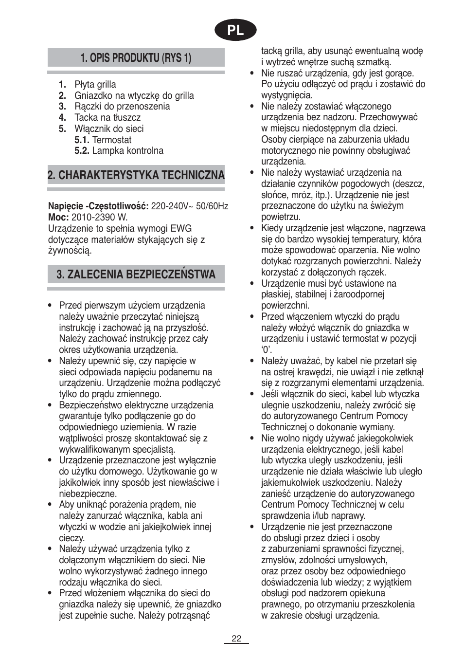 Opis produktu (rys 1) 3. zalecenia bezpieczeństwa, Charakterystyka techniczna | Fagor BBC-2200 User Manual | Page 23 / 40