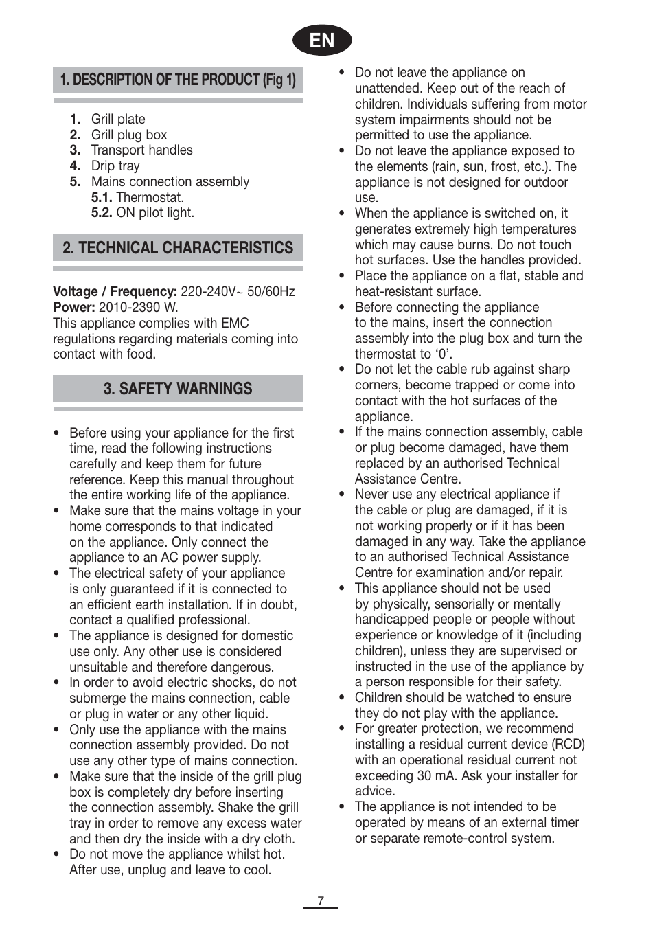 Description of the product (fig 1), Technical characteristics, Safety warnings | Fagor BBC-2200 User Manual | Page 8 / 40