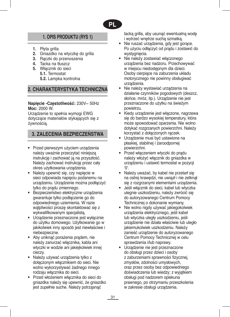 Opis produktu (rys 1) 3. zalecenia bezpieczeństwa, Charakterystyka techniczna | Fagor BBC-846 User Manual | Page 32 / 46