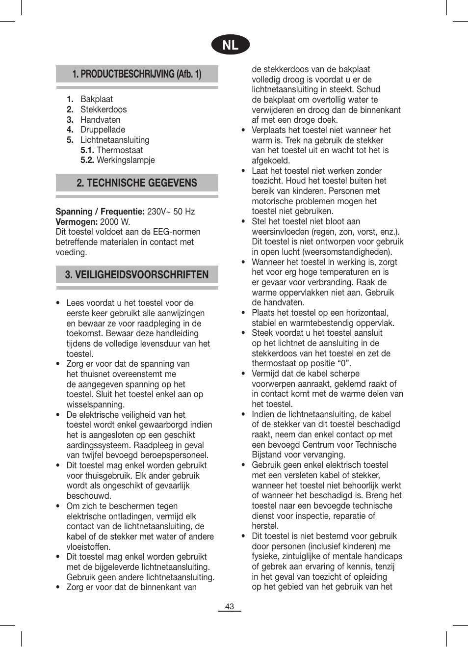 Productbeschrijving (afb. 1), Technische gegevens, Veiligheidsvoorschriften | Fagor BBC-846 User Manual | Page 44 / 46