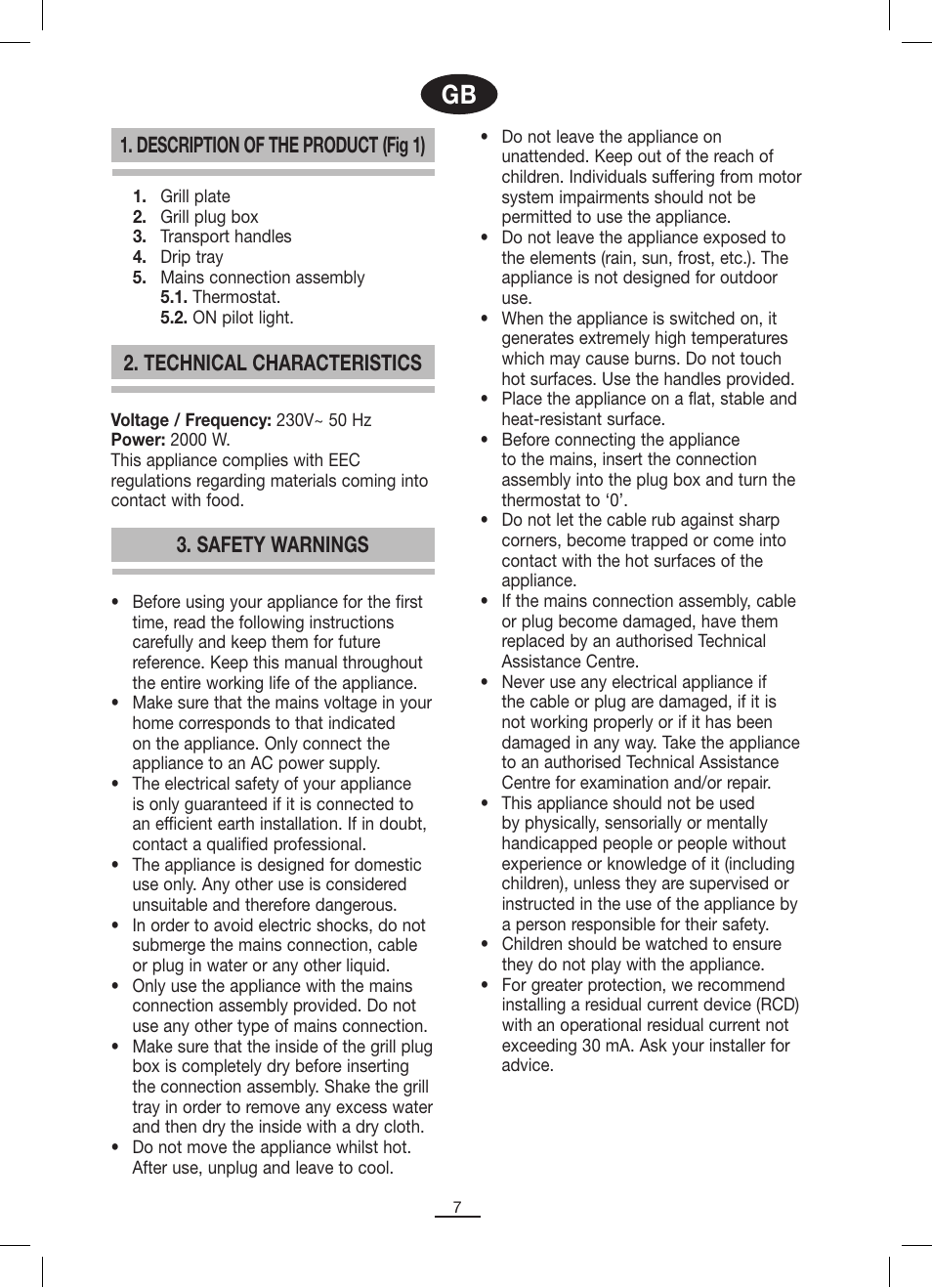 Description of the product (fig 1), Technical characteristics, Safety warnings | Fagor BBC-846 User Manual | Page 8 / 46