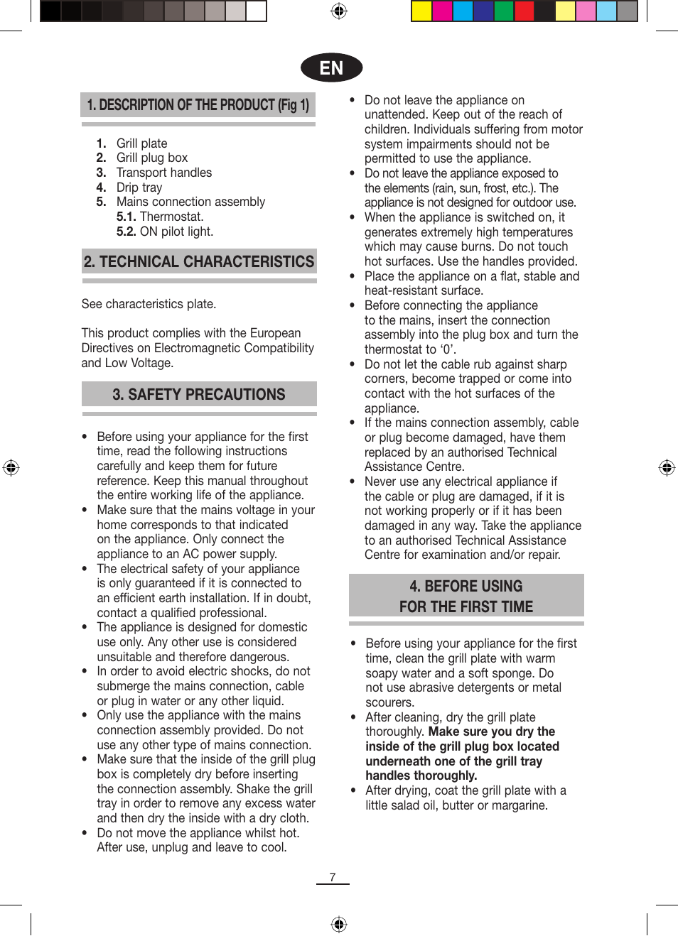 Safety precautions 2. technical characteristics, Description of the product (fig 1), Before using for the first time | Fagor BBC-820 User Manual | Page 8 / 42