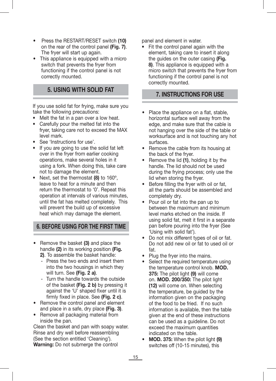 Before using for the first time, Instructions for use, Using with solid fat | Fagor F-200 User Manual | Page 16 / 84