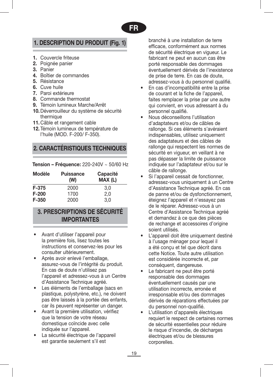 Description du produit (fig. 1), Caractéristiques techniques, Prescriptions de sécurité importantes | Fagor F-200 User Manual | Page 20 / 84
