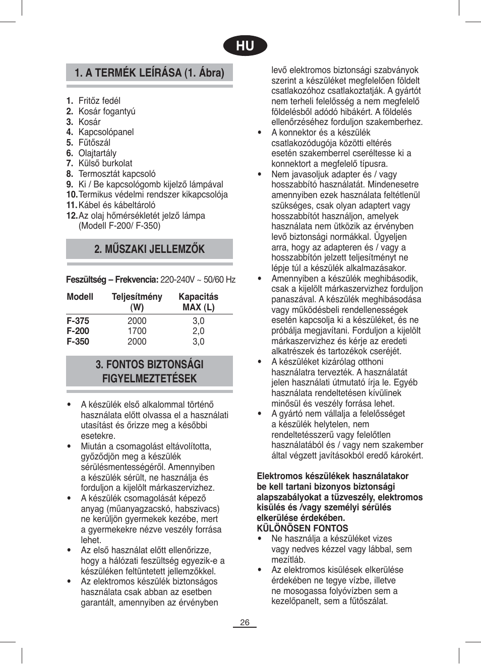 A termék leírása (1. ábra), Fontos biztonsági figyelmeztetések, Műszaki jellemzők | Fagor F-200 User Manual | Page 27 / 84