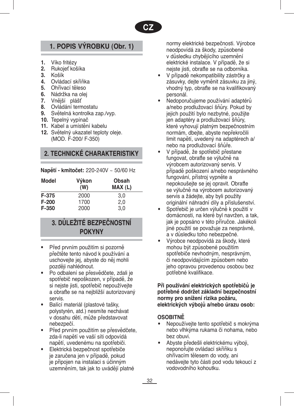 Popis výrobku (obr. 1), Technické charakteristiky, Důležité bezpečnostní pokyny | Fagor F-200 User Manual | Page 33 / 84