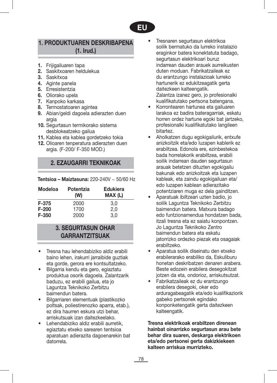 Produktuaren deskribapena (1. irud.), Ezaugarri teknikoak, Segurtasun ohar garrantzitsuak | Fagor F-200 User Manual | Page 79 / 84