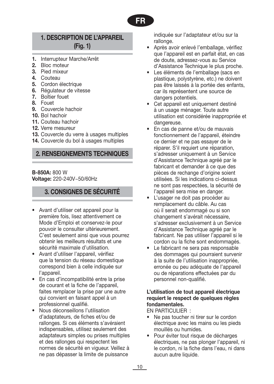 Description de l’appareil (fig. 1), Renseignements techniques, Consignes de sécurité | Fagor B-850A User Manual | Page 11 / 49