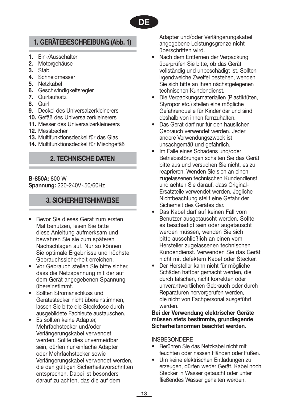Gerätebeschreibung (abb. 1), Technische daten, Sicherheitshinweise | Fagor B-850A User Manual | Page 14 / 49