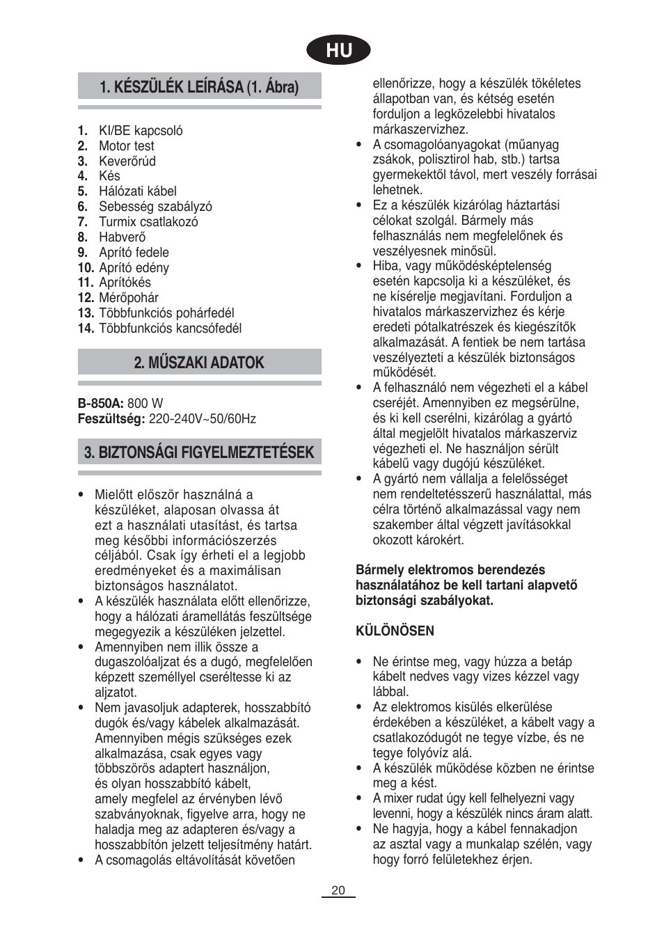 Készülék leírása (1. ábra), Műszaki adatok, Biztonsági figyelmeztetések | Fagor B-850A User Manual | Page 21 / 49