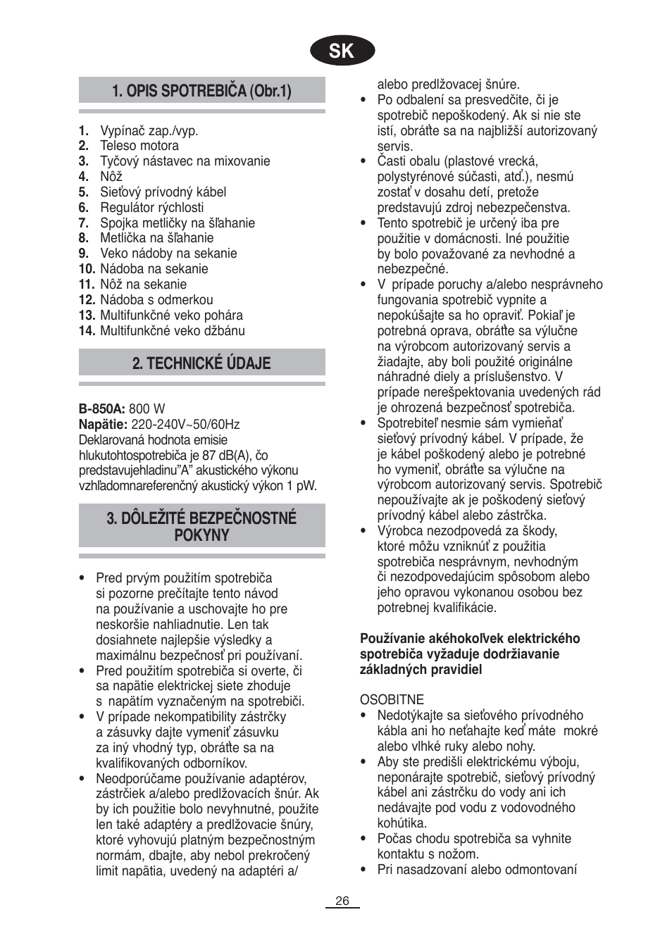Opis spotrebiča (obr.1), Technické údaje, Dôležité bezpečnostné pokyny | Fagor B-850A User Manual | Page 27 / 49