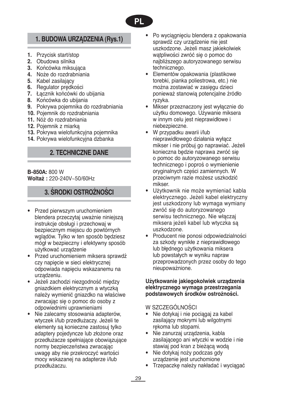 Budowa urządzenia (rys.1), Techniczne dane, Środki ostrożności | Fagor B-850A User Manual | Page 30 / 49