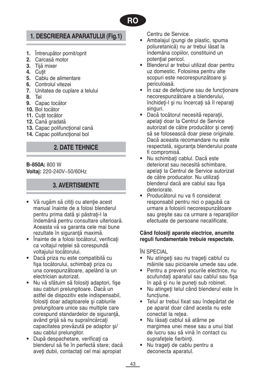 Descrierea aparatului (fig.1), Date tehnice, Avertismente | Fagor B-850A User Manual | Page 44 / 49