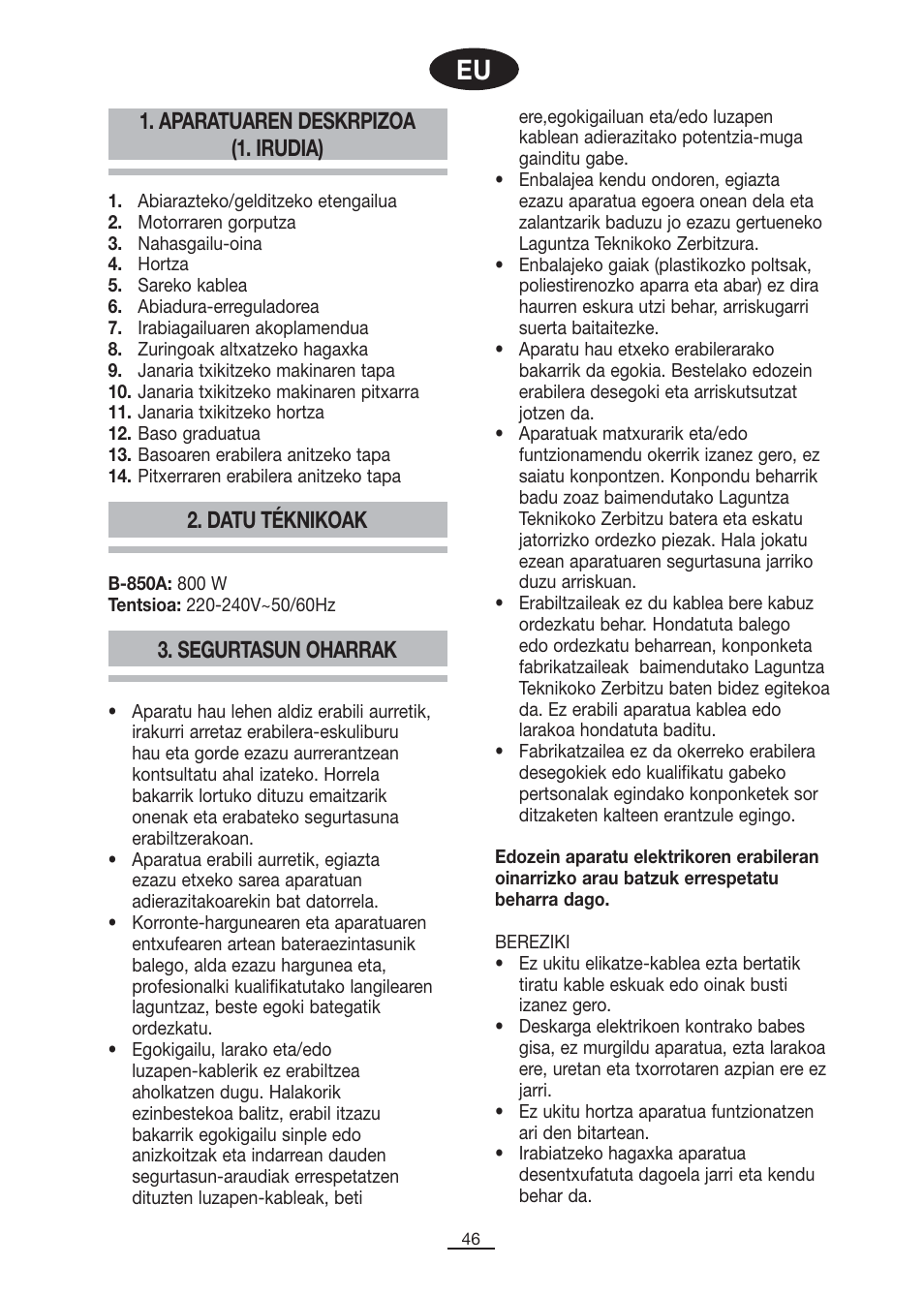 Datu téknikoak, Segurtasun oharrak, Aparatuaren deskrpizoa (1. irudia) | Fagor B-850A User Manual | Page 47 / 49