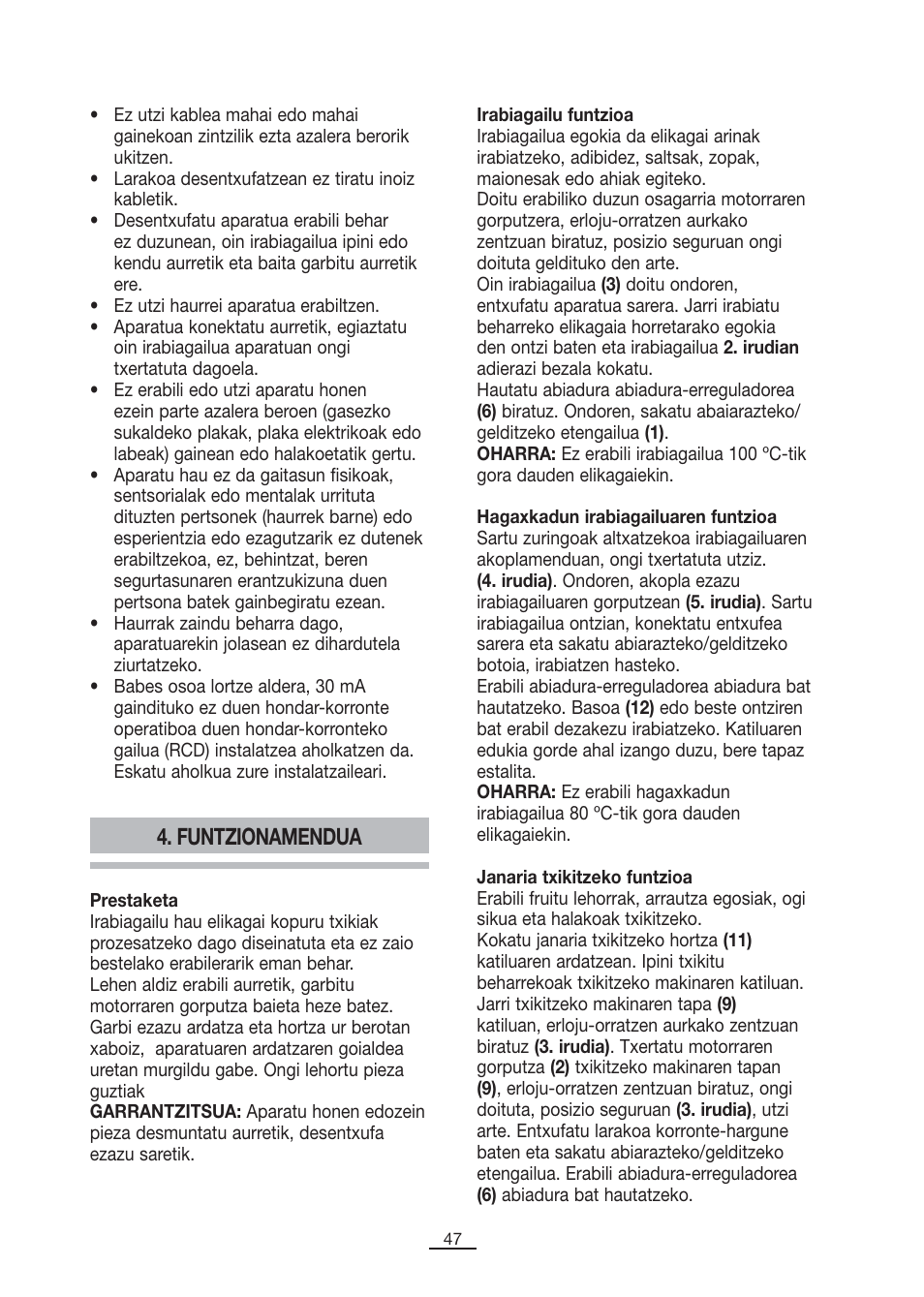 Funtzionamendua | Fagor B-850A User Manual | Page 48 / 49