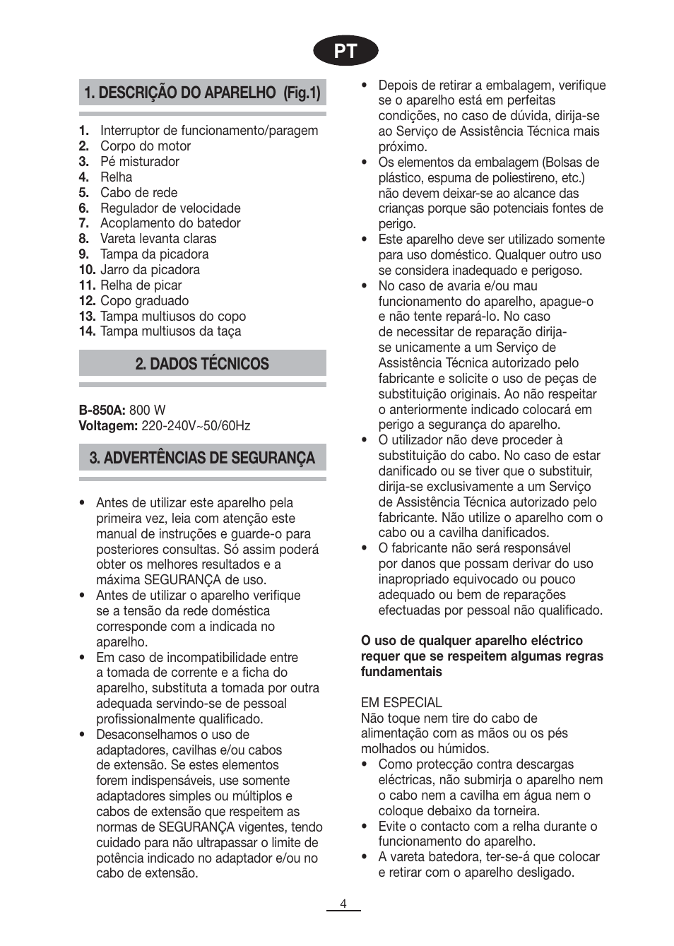 Dados técnicos, Advertências de segurança, Descrição do aparelho (fig.1) | Fagor B-850A User Manual | Page 5 / 49