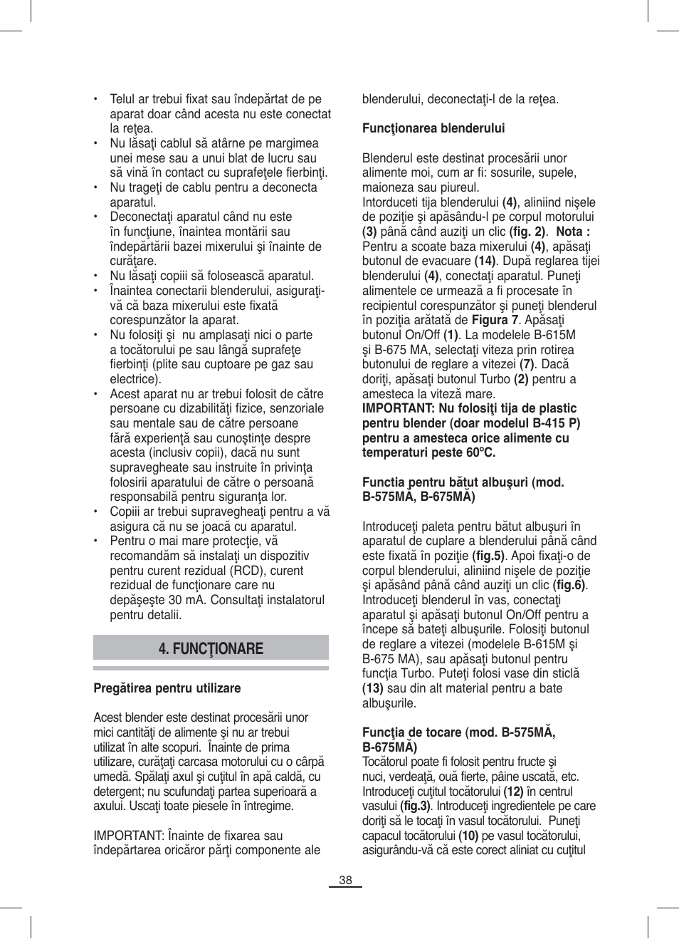 Funcţionare | Fagor B-515M User Manual | Page 39 / 46