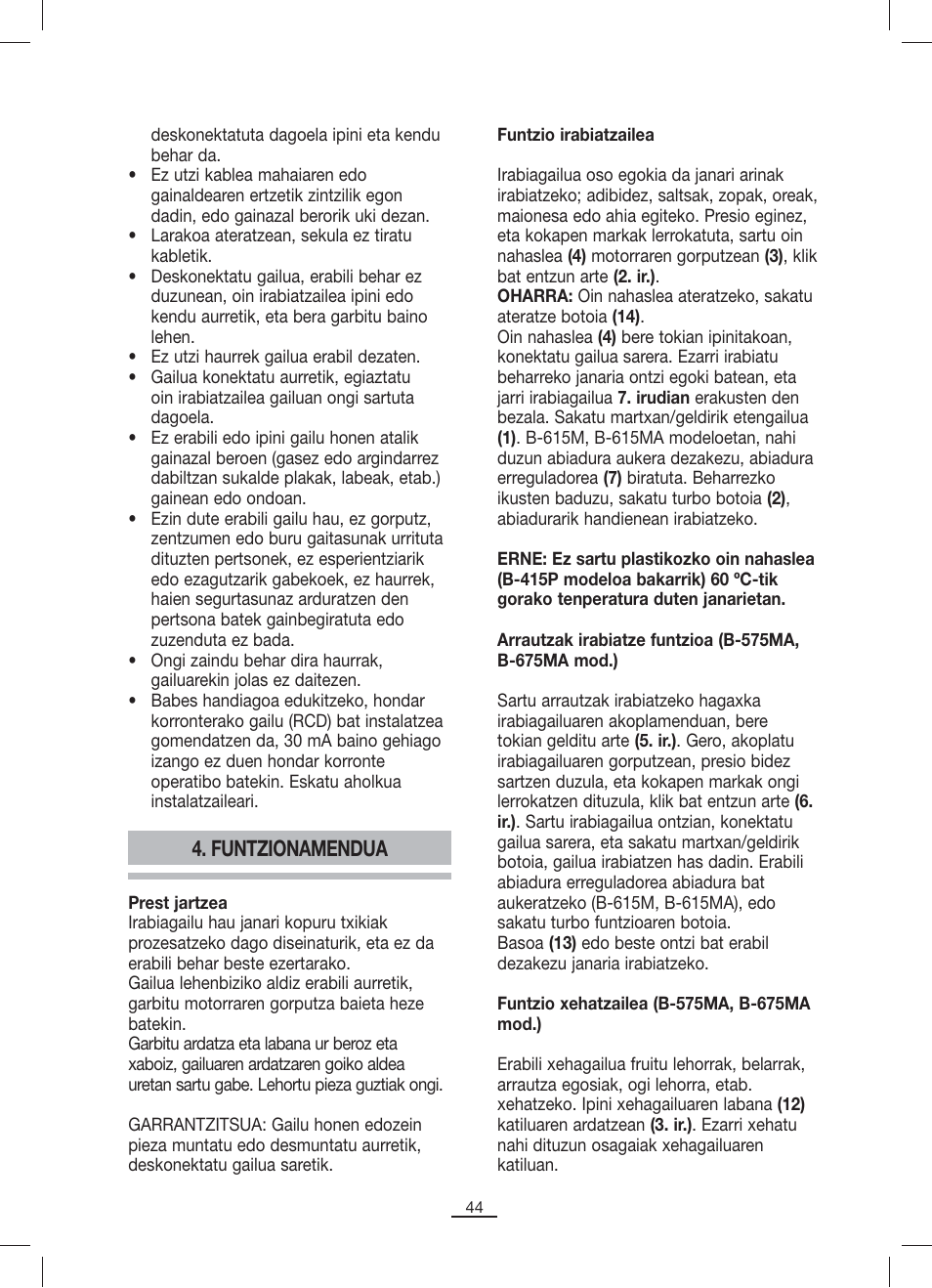 Funtzionamendua | Fagor B-515M User Manual | Page 45 / 46