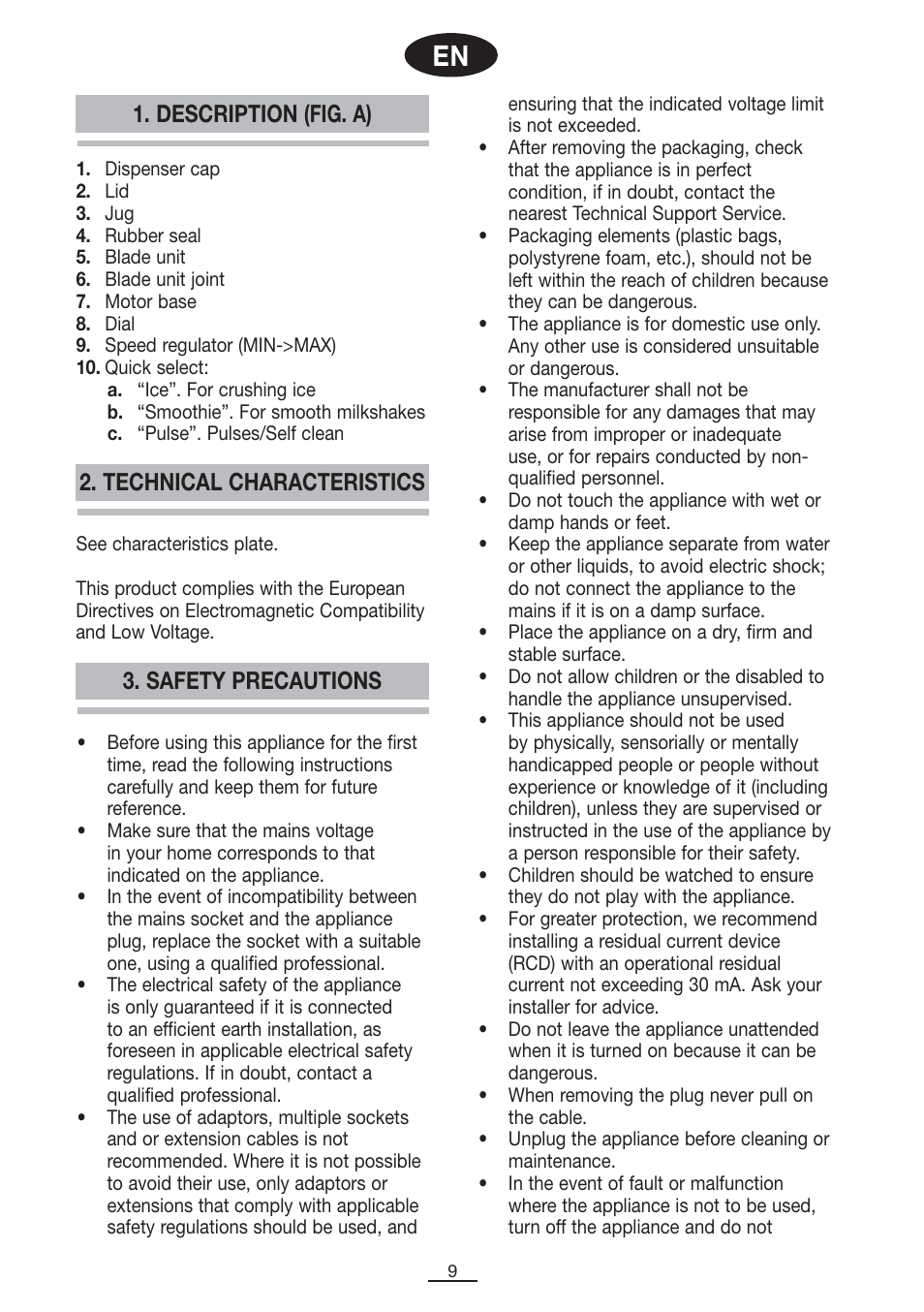 Description (fig. a), Safety precautions 2. technical characteristics | Fagor BV-1000X User Manual | Page 10 / 47