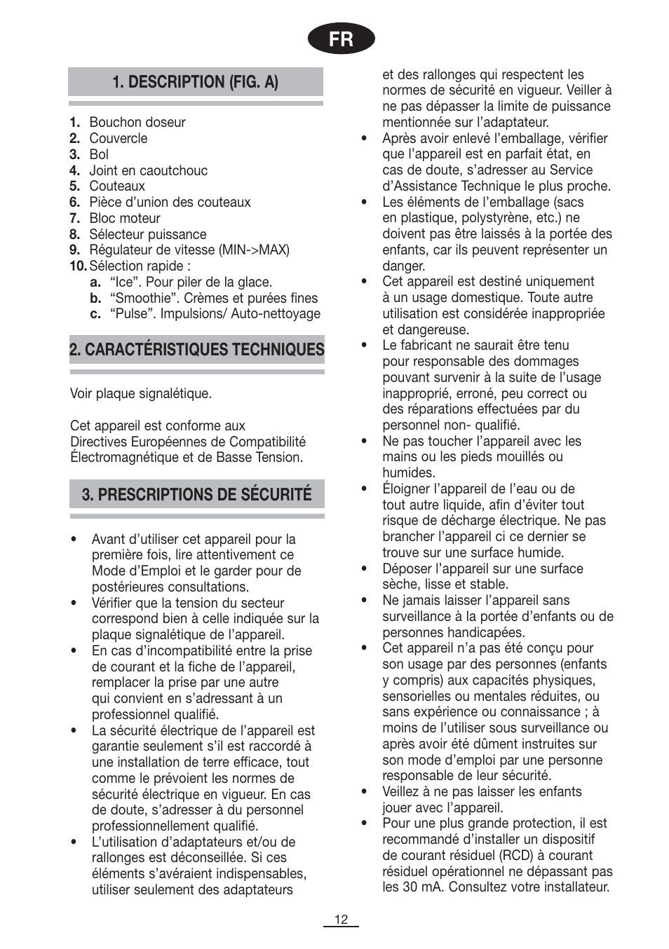 Prescriptions de sécurité 1. description (fig. a), Caractéristiques techniques | Fagor BV-1000X User Manual | Page 13 / 47