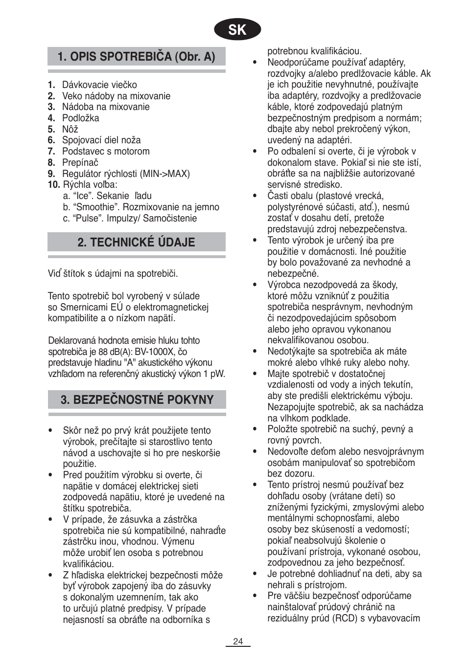Opis spotrebiča (obr. a), Bezpečnostné pokyny 2. technické údaje | Fagor BV-1000X User Manual | Page 25 / 47