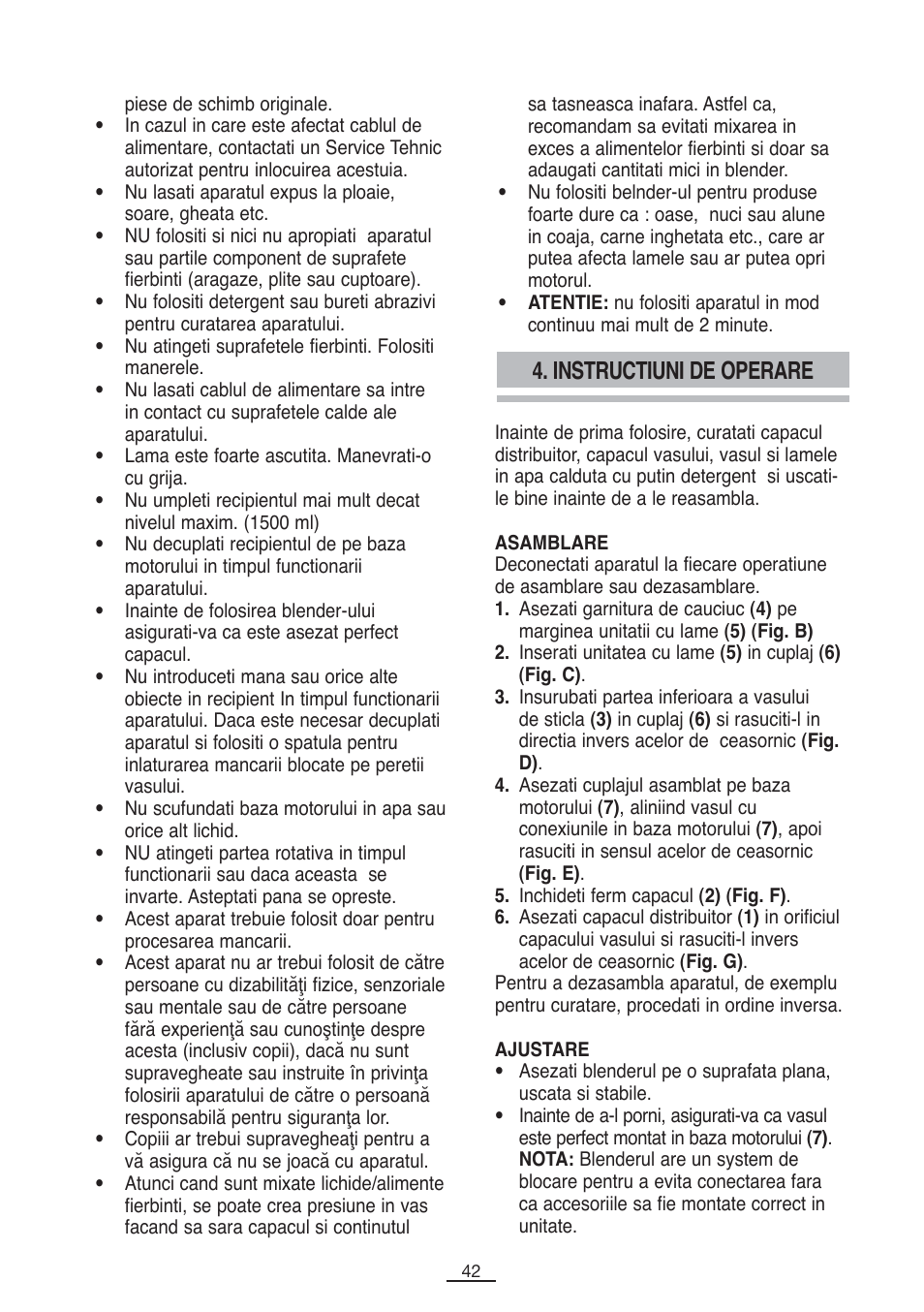 Instructiuni de operare | Fagor BV-1000X User Manual | Page 43 / 47