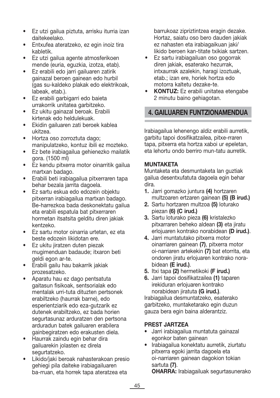 Gailuaren funtzionamendua | Fagor BV-1000X User Manual | Page 46 / 47