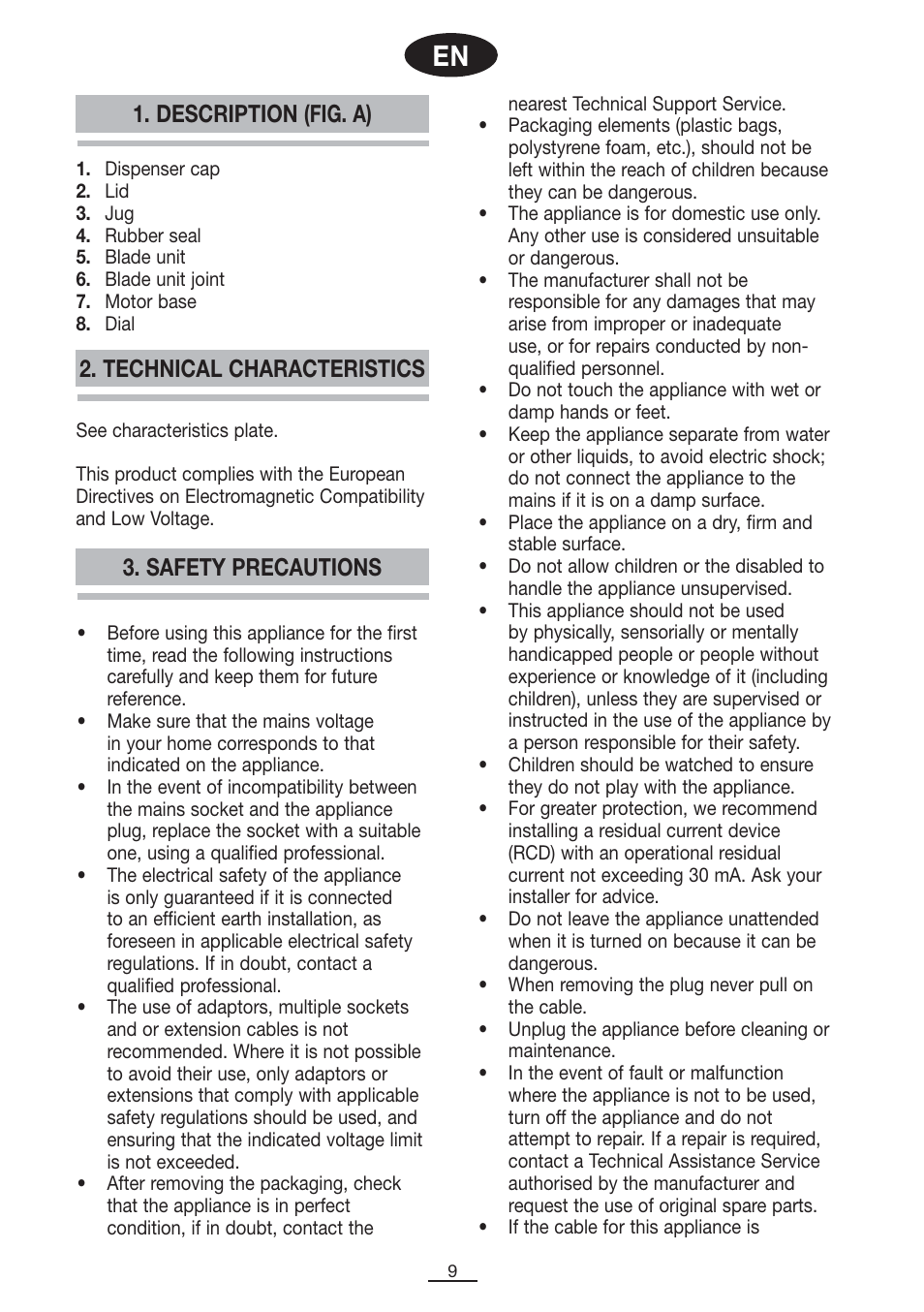 Description (fig. a), Safety precautions 2. technical characteristics | Fagor BV-850 User Manual | Page 10 / 50