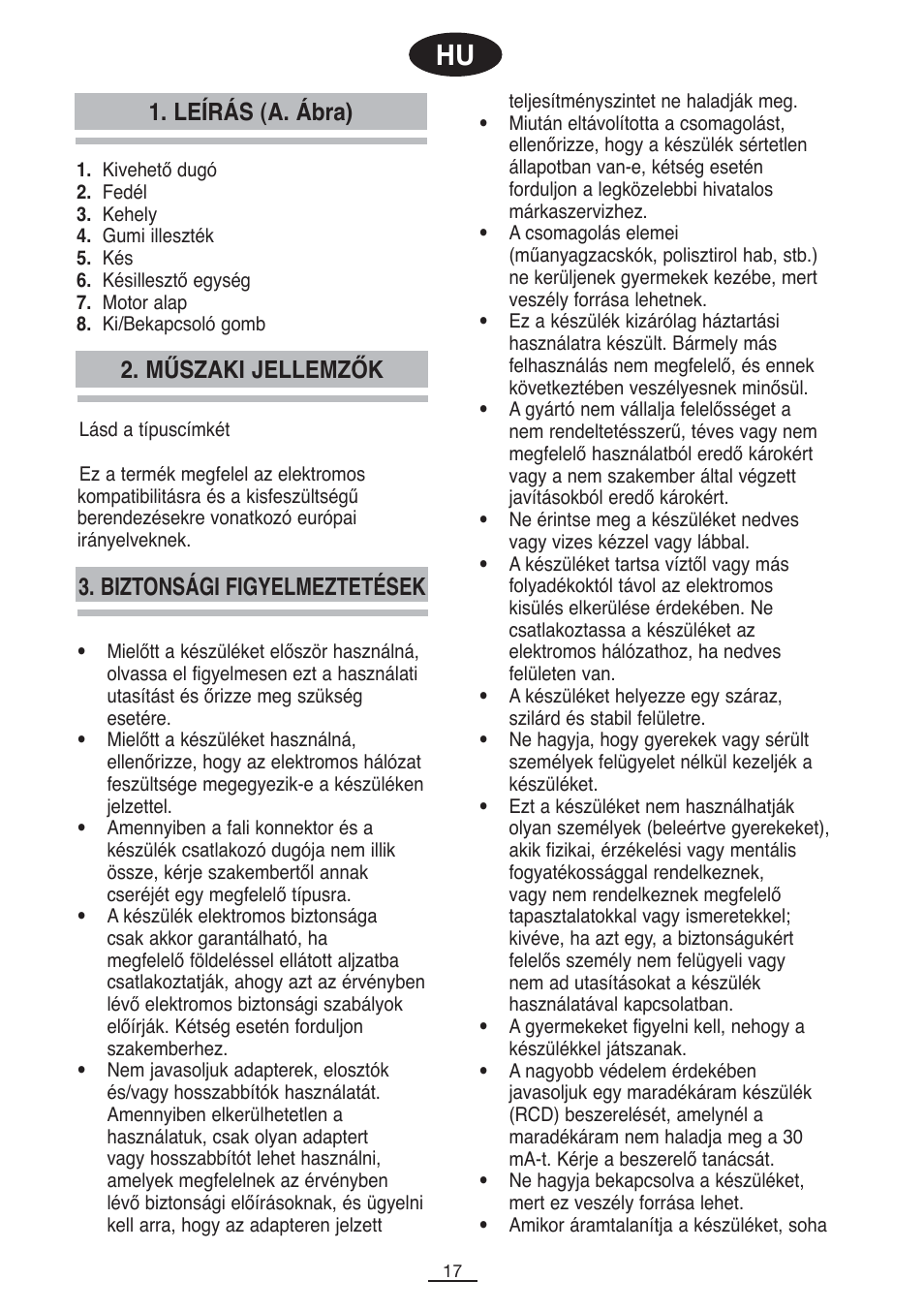 Leírás (a. ábra), Biztonsági figyelmeztetések, Műszaki jellemzők | Fagor BV-850 User Manual | Page 18 / 50