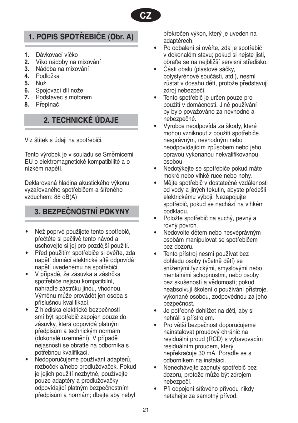 Popis spotřebiče (obr. a), Bezpečnostní pokyny 2. technické údaje | Fagor BV-850 User Manual | Page 22 / 50