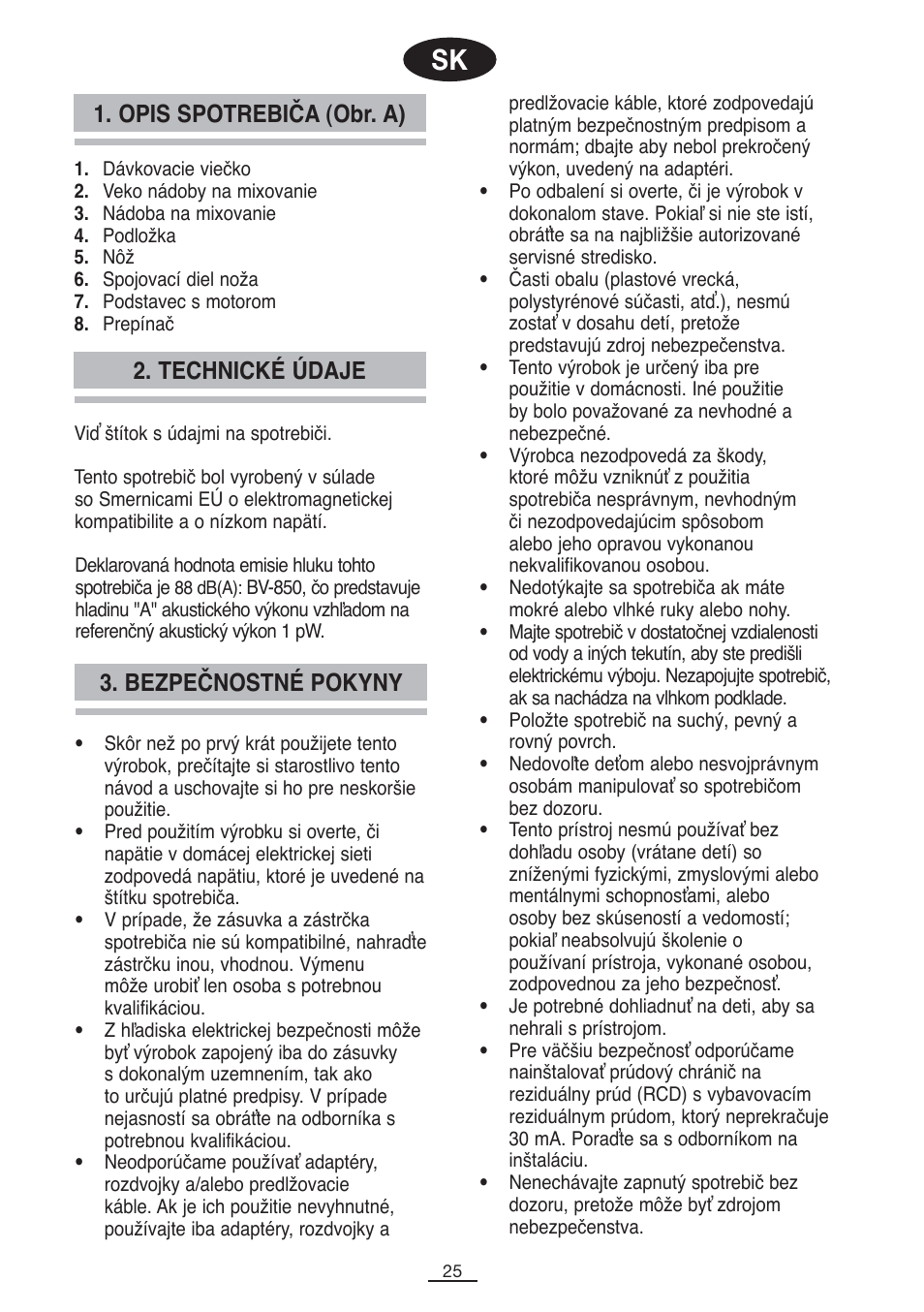 Opis spotrebiča (obr. a), Bezpečnostné pokyny 2. technické údaje | Fagor BV-850 User Manual | Page 26 / 50