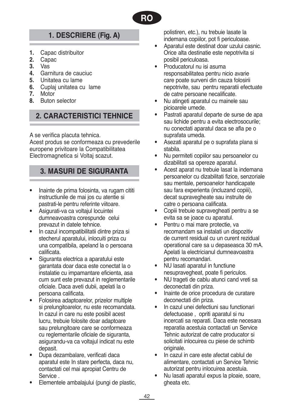 Descriere (fig. a), Masuri de siguranta 2. caracteristici tehnice | Fagor BV-850 User Manual | Page 43 / 50