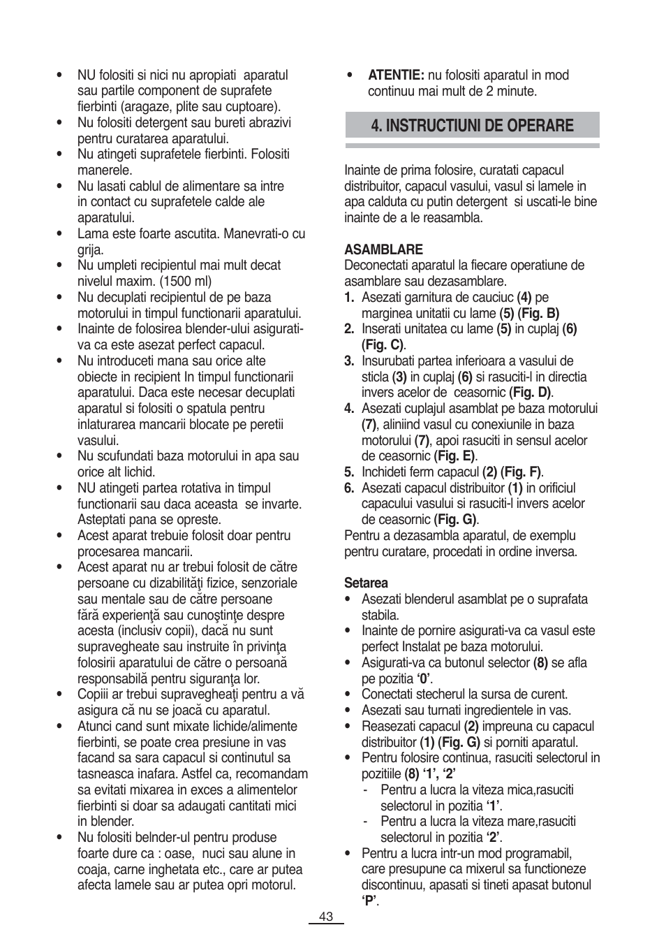 Instructiuni de operare | Fagor BV-850 User Manual | Page 44 / 50
