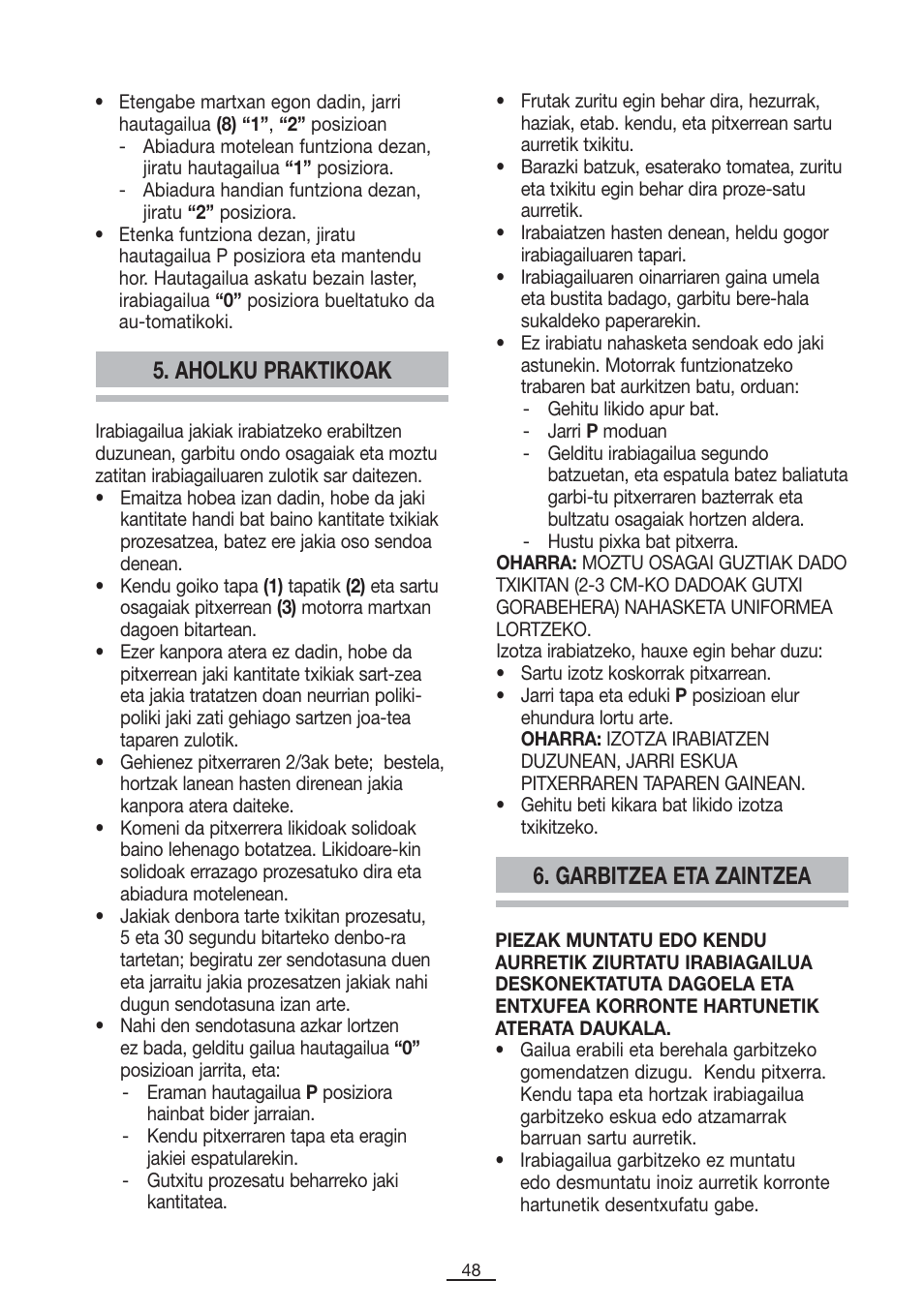 Aholku praktikoak, Garbitzea eta zaintzea | Fagor BV-850 User Manual | Page 49 / 50