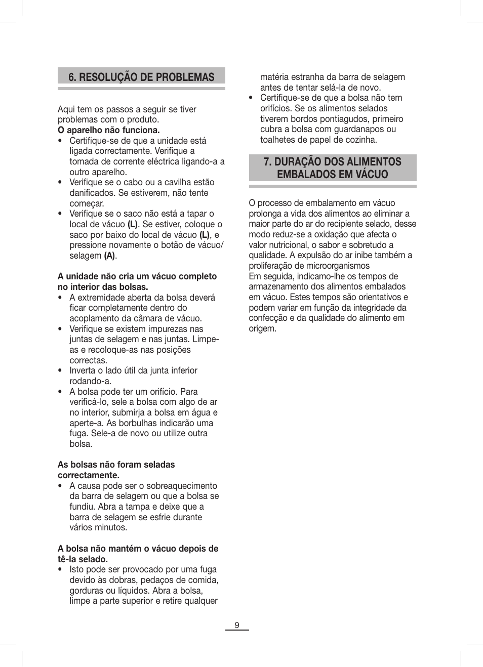 Duração dos alimentos embalados em vácuo, Resolução de problemas | Fagor MV-200 User Manual | Page 10 / 70