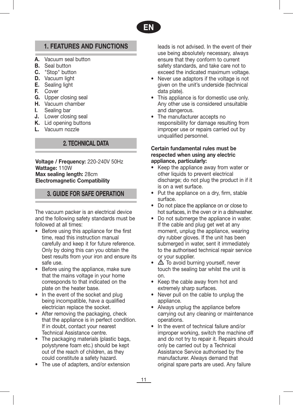 Features and functions 2. technical data, Guide for safe operation | Fagor MV-200 User Manual | Page 12 / 70