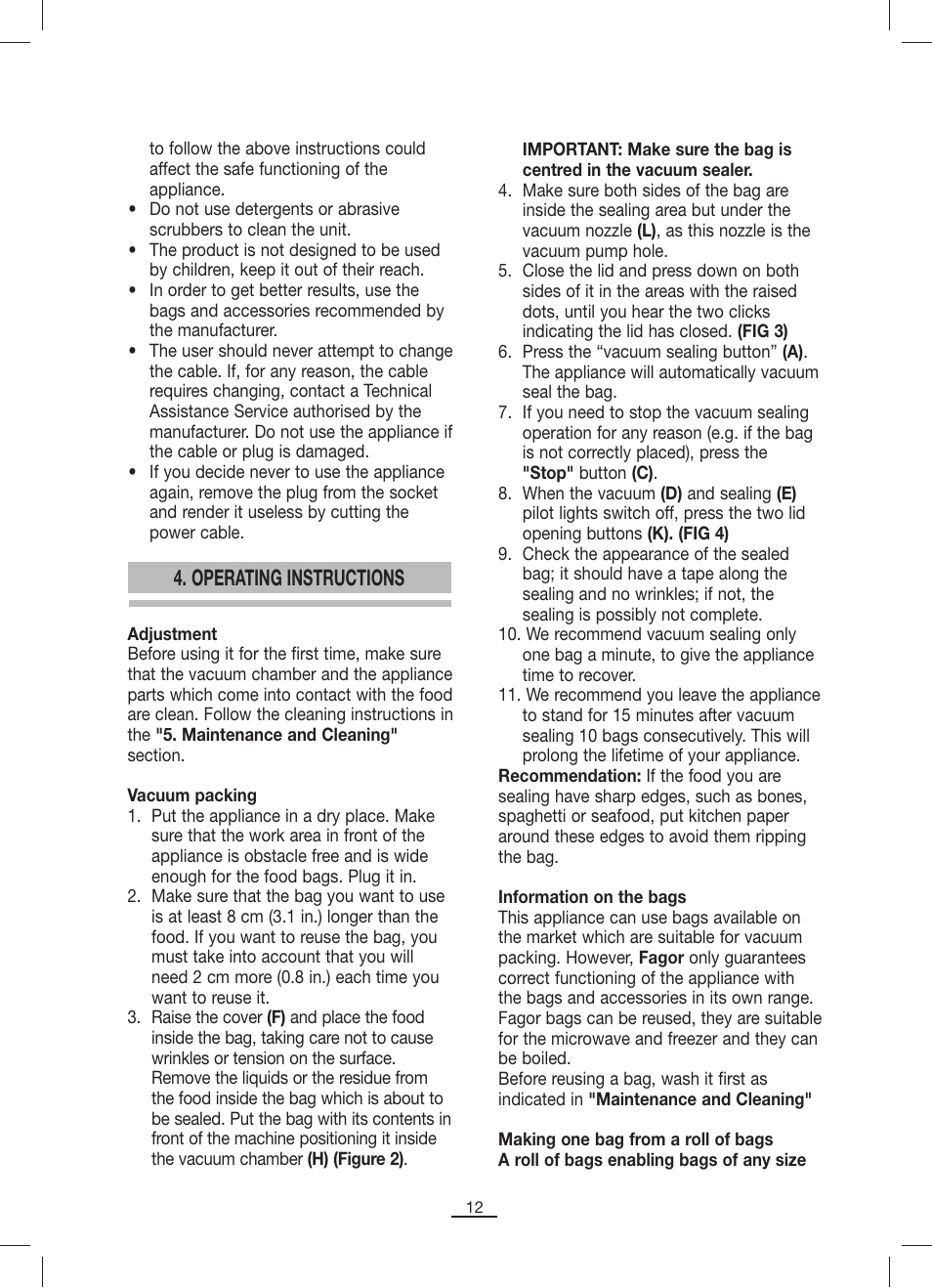 Operating instructions | Fagor MV-200 User Manual | Page 13 / 70