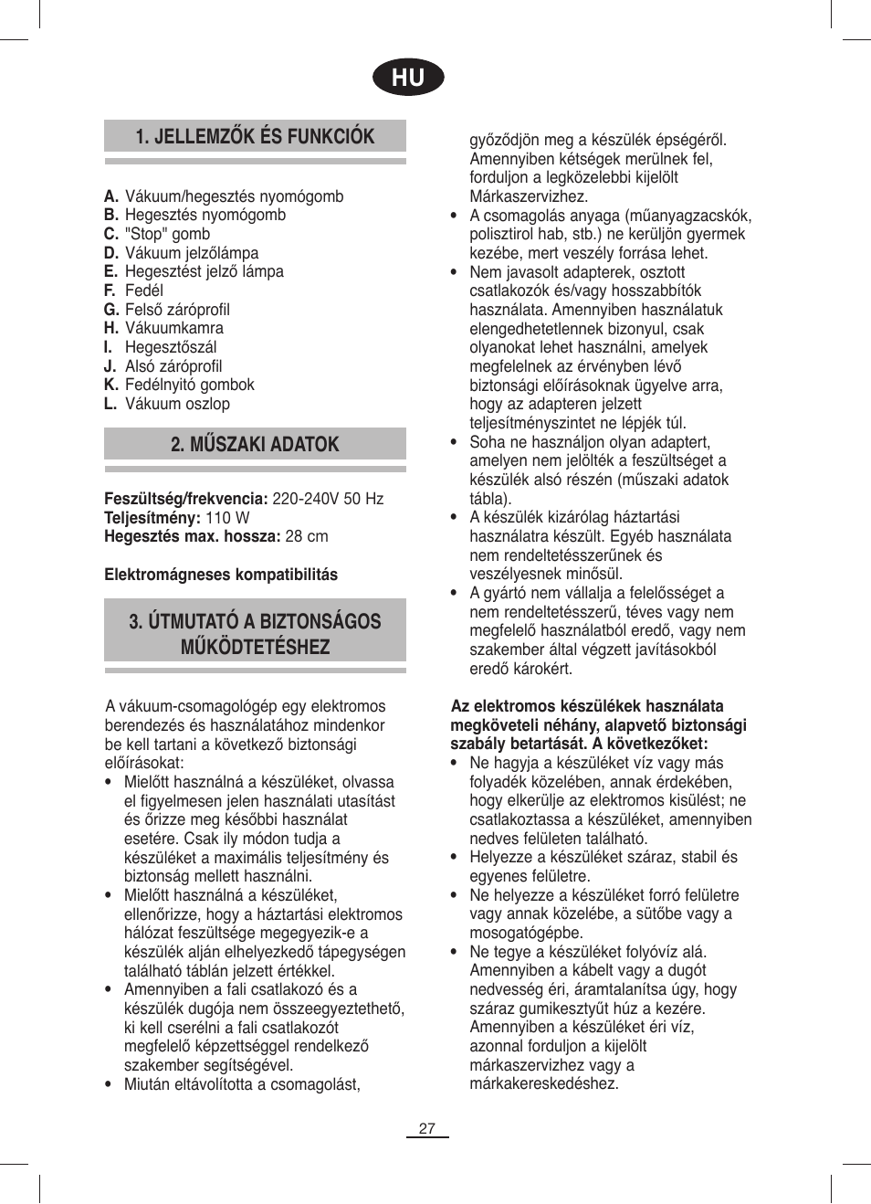 Jellemzők és funkciók, Műszaki adatok, Útmutató a biztonságos működtetéshez | Fagor MV-200 User Manual | Page 28 / 70